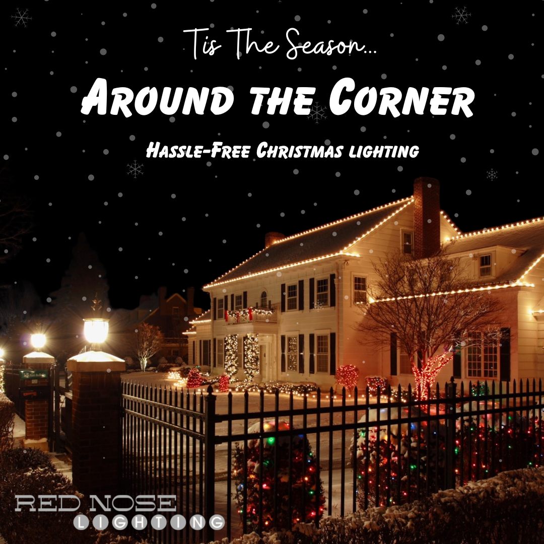 Red Nose Lighting holiday campaign graphic showing a decorated home